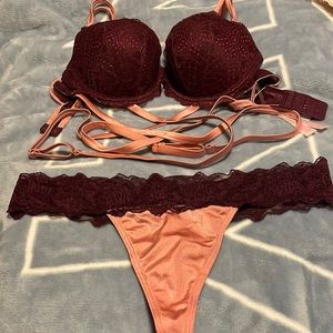 Preowned gr8 condition lace n satin burgundy n rose strappy bra n thong 34C & M